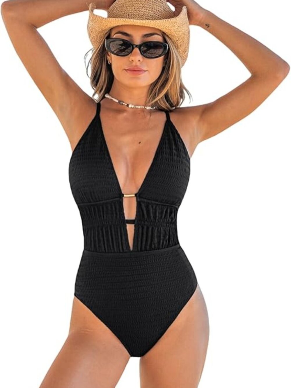 Cupshe One-Piece Swimsuit with Plunge V-Neck and Gold Accent